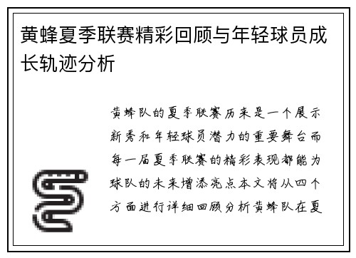黄蜂夏季联赛精彩回顾与年轻球员成长轨迹分析