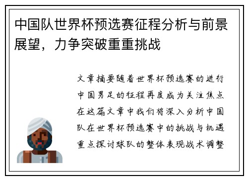 中国队世界杯预选赛征程分析与前景展望，力争突破重重挑战